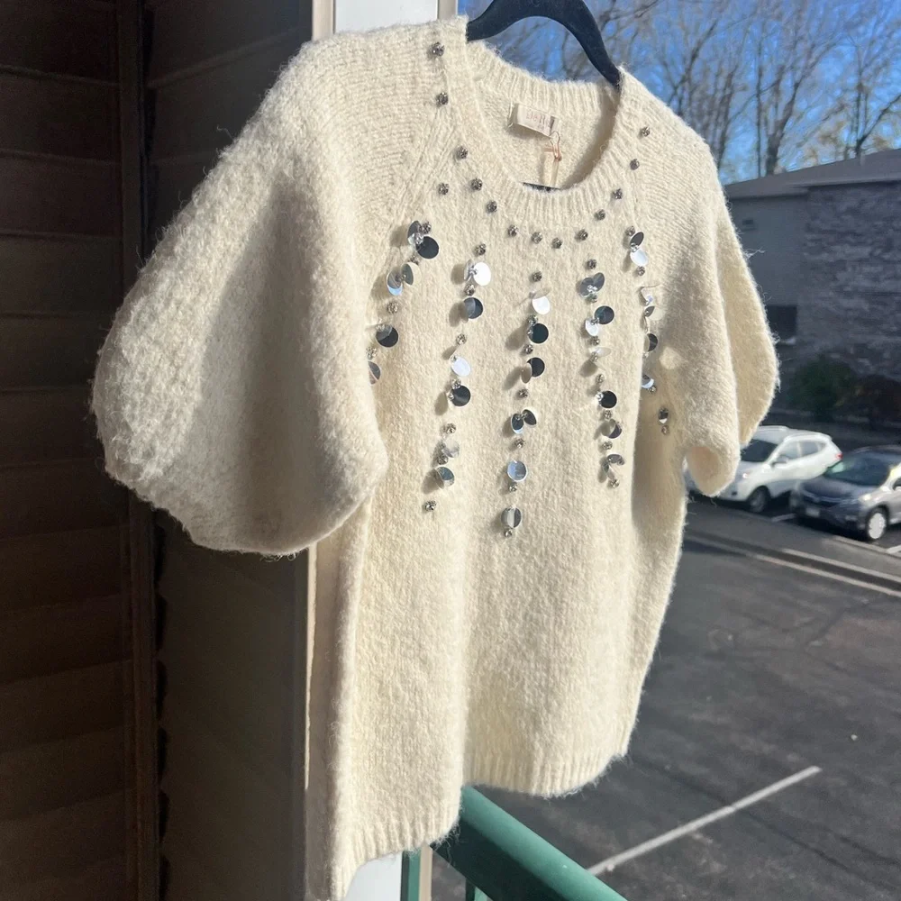 🆕🌾✨De Royal Italy Wool Alpaca Blend Sequin Cream Sweater Knit Top Holiday Size S